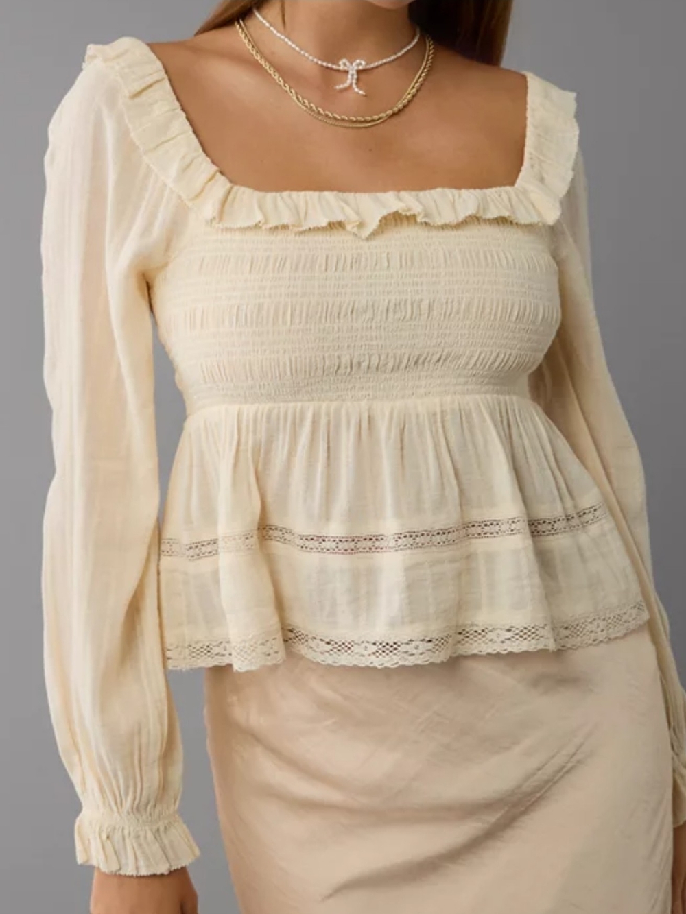 American Eagle Outfitters Cream Square-Neck Smocked Peplum Blouse Size M